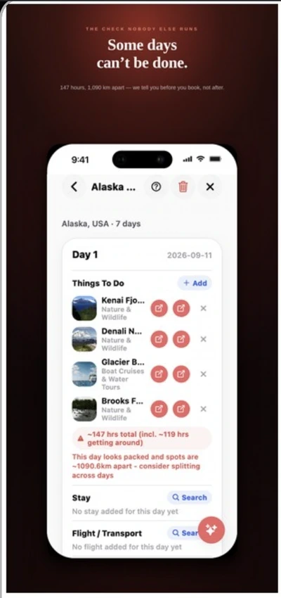 Sovayze day-by-day trip planner screen