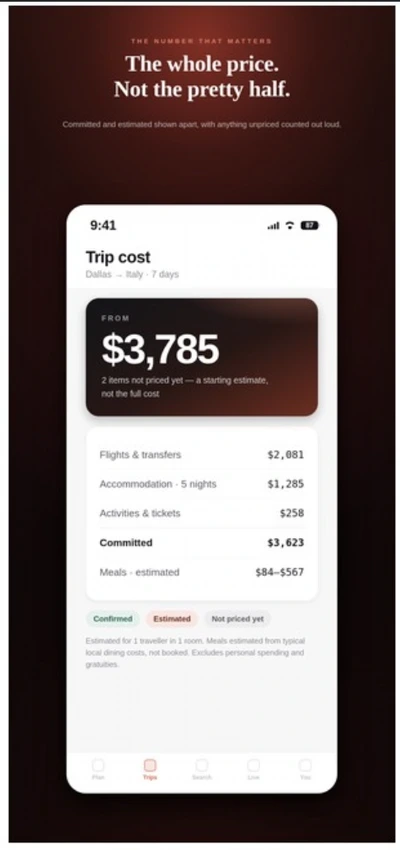 Sovayze full trip price breakdown screen