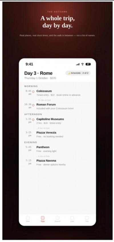 Sovayze day-by-day itinerary screen for Rome