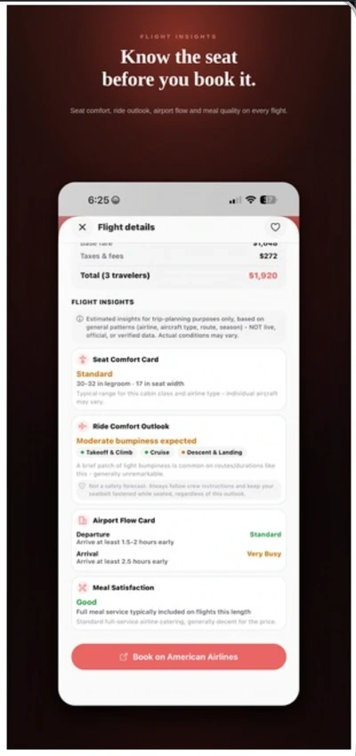 Sovayze flight seat and comfort details screen